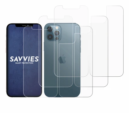 Abbildung des Geräts Apple iPhone 12 Pro (Display+Rückseite) mit einer Vielzahl des Displayschutzes.