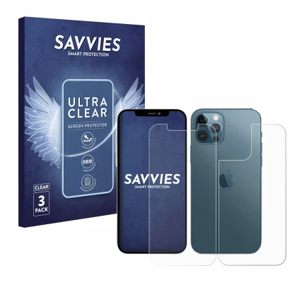 Vorderseite einer Produktverpackung mit dem Markenlogo Savvies. Daneben ist das Gerät Apple iPhone 12 Pro Max (Display+Rücksei