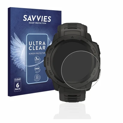 Vorderseite einer Produktverpackung mit dem Markenlogo Savvies. Daneben ist das Gerät Garmin Instinct Solar mit dem zugehörige