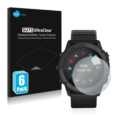 Vorderseite einer Produktverpackung mit dem Markenlogo Savvies. Daneben ist das Gerät Garmin Tactix Delta Solar Ballistic mit 