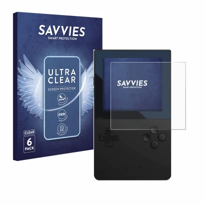 Vorderseite einer Produktverpackung mit dem Markenlogo Savvies. Daneben ist das Gerät Analogue Pocket mit dem zugehörigen Disp