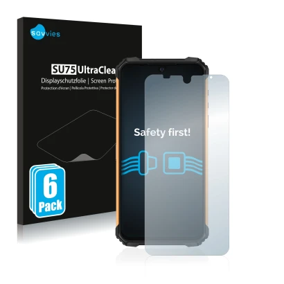 Vorderseite einer Produktverpackung mit dem Markenlogo Savvies. Daneben ist das Gerät Ulefone Armor 8 mit dem zugehörigen Disp