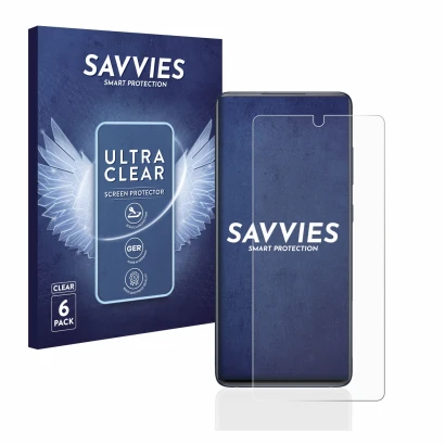 Vorderseite einer Produktverpackung mit dem Markenlogo Savvies. Daneben ist das Gerät Samsung Galaxy S20 FE mit dem zugehörige