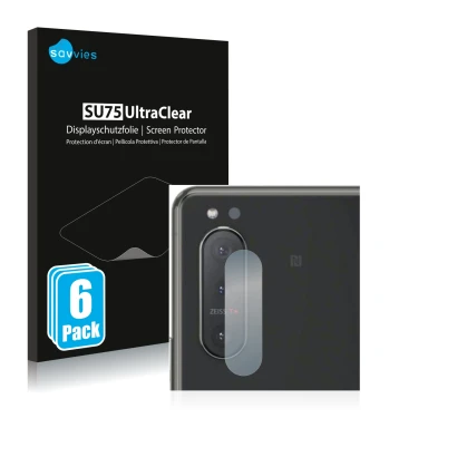 Vorderseite einer Produktverpackung mit dem Markenlogo Savvies. Daneben ist das Gerät Sony Xperia 5 II (NUR Kameraschutz) mit 