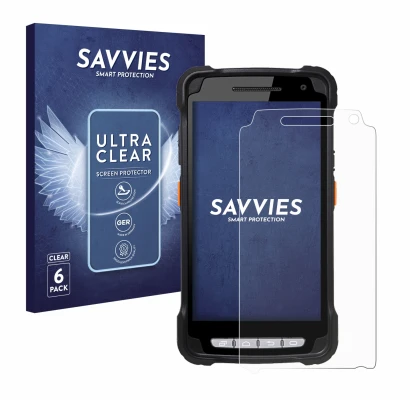 Vorderseite einer Produktverpackung mit dem Markenlogo Savvies. Daneben ist das Gerät Point Mobile PM90 mit dem zugehörigen Di
