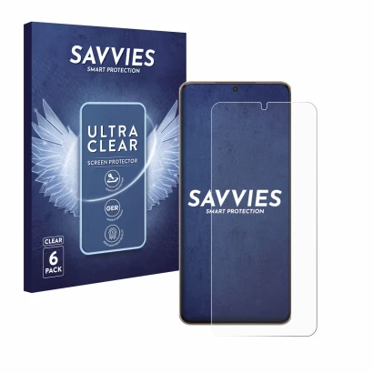 Vorderseite einer Produktverpackung mit dem Markenlogo Savvies. Daneben ist das Gerät Samsung Galaxy S21 Plus 5G mit dem zugeh