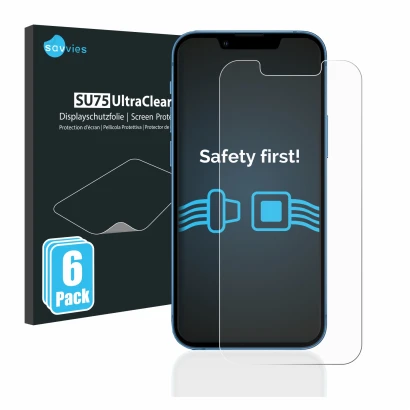 Vorderseite einer Produktverpackung mit dem Markenlogo Savvies. Daneben ist das Gerät Apple iPhone 13 mini mit dem zugehörigen