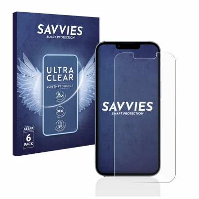 Vorderseite einer Produktverpackung mit dem Markenlogo Savvies. Daneben ist das Gerät Apple iPhone 13 Pro mit dem zugehörigen 