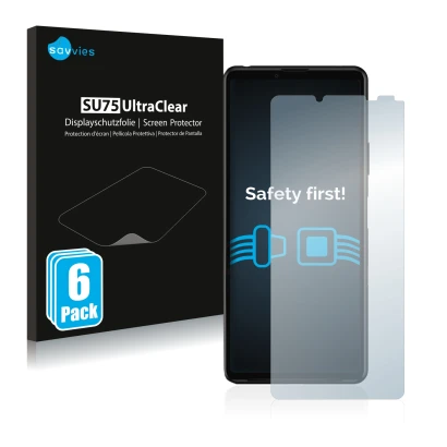 Vorderseite einer Produktverpackung mit dem Markenlogo Savvies. Daneben ist das Gerät Sony Xperia 10 III mit dem zugehörigen D