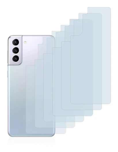 Abbildung des Geräts Samsung Galaxy S21 (Rückseite) mit einer Vielzahl des Displayschutzes.