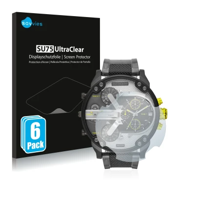 Vorderseite einer Produktverpackung mit dem Markenlogo Savvies. Daneben ist das Gerät Diesel DZ7422 Mr. Daddy 2.0 mit dem zuge