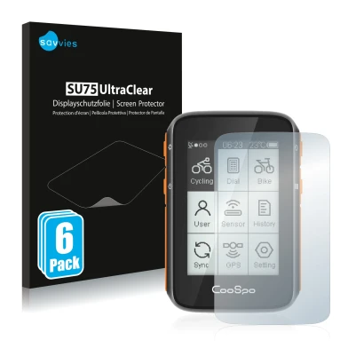 Vorderseite einer Produktverpackung mit dem Markenlogo Savvies. Daneben ist das Gerät CooSpo BC200 mit dem zugehörigen Display