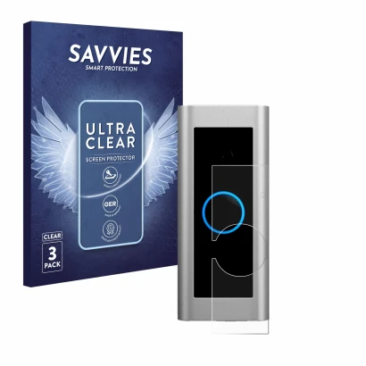 Vorderseite einer Produktverpackung mit dem Markenlogo Savvies. Daneben ist das Gerät Ring Video Doorbell Pro 2 mit dem zugehö