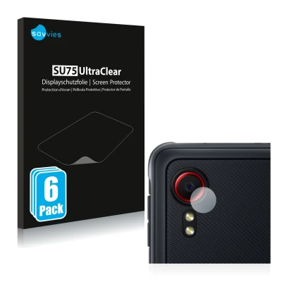 Vorderseite einer Produktverpackung mit dem Markenlogo Savvies. Daneben ist das Gerät Samsung Galaxy XCover 5 (NUR Kameraschut