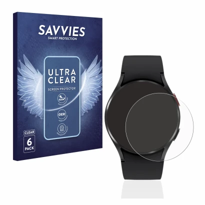 Vorderseite einer Produktverpackung mit dem Markenlogo Savvies. Daneben ist das Gerät Samsung Galaxy Watch 4 (40mm) mit dem zu