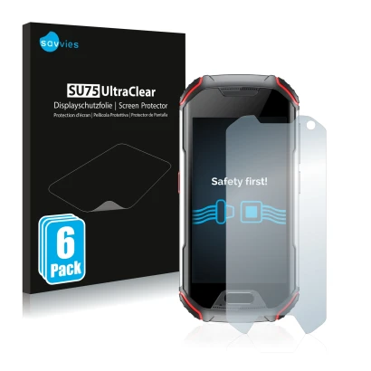 Vorderseite einer Produktverpackung mit dem Markenlogo Savvies. Daneben ist das Gerät Unihertz Atom XL mit dem zugehörigen Dis