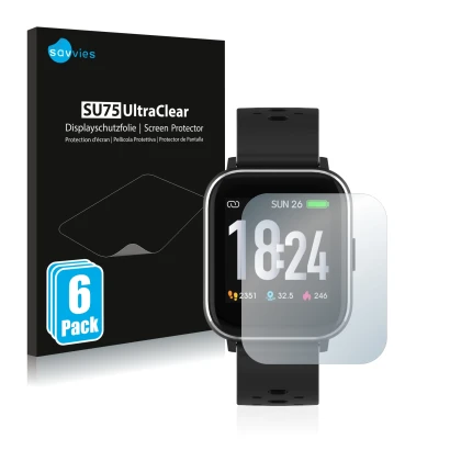 Vorderseite einer Produktverpackung mit dem Markenlogo Savvies. Daneben ist das Gerät Denver SW-163 mit dem zugehörigen Displa