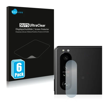 Vorderseite einer Produktverpackung mit dem Markenlogo Savvies. Daneben ist das Gerät Sony Xperia 5 III (NUR Kameraschutz) mit