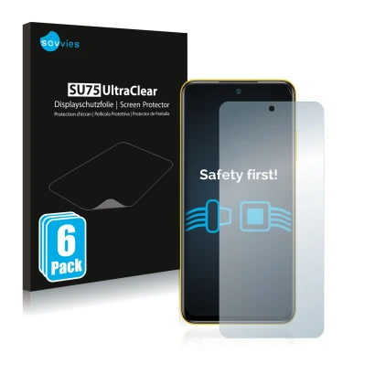 Vorderseite einer Produktverpackung mit dem Markenlogo Savvies. Daneben ist das Gerät Xiaomi Poco M3 Pro 5G mit dem zugehörige