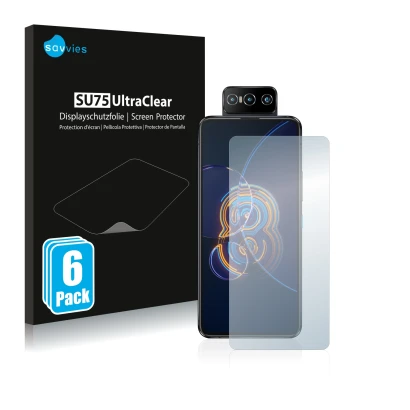 Vorderseite einer Produktverpackung mit dem Markenlogo Savvies. Daneben ist das Gerät ASUS ZenFone 8 Flip mit dem zugehörigen 