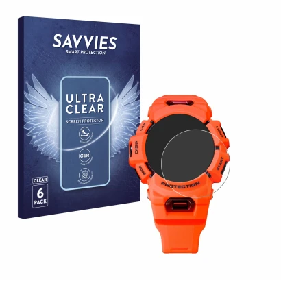 Vorderseite einer Produktverpackung mit dem Markenlogo Savvies. Daneben ist das Gerät Casio G-Shock GBA-900 mit dem zugehörige