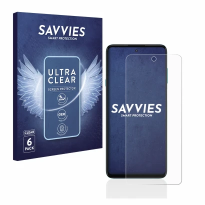 Vorderseite einer Produktverpackung mit dem Markenlogo Savvies. Daneben ist das Gerät Motorola Edge 20 Lite mit dem zugehörige