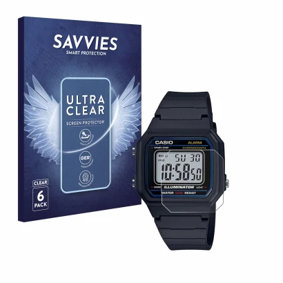 Vorderseite einer Produktverpackung mit dem Markenlogo Savvies. Daneben ist das Gerät Casio Unisex W-800H-1BVES mit dem zugehö