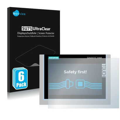 Vorderseite einer Produktverpackung mit dem Markenlogo Savvies. Daneben ist das Gerät Siemens Simatic HMI TP700 Comfort mit de