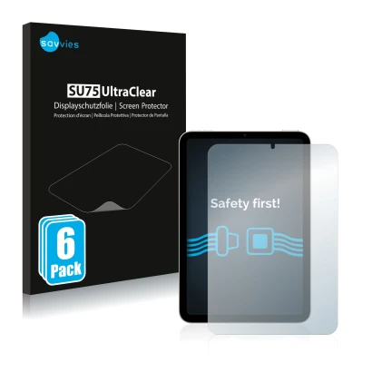 Vorderseite einer Produktverpackung mit dem Markenlogo Savvies. Daneben ist das Gerät Apple iPad Mini 6 2021 mit dem zugehörig