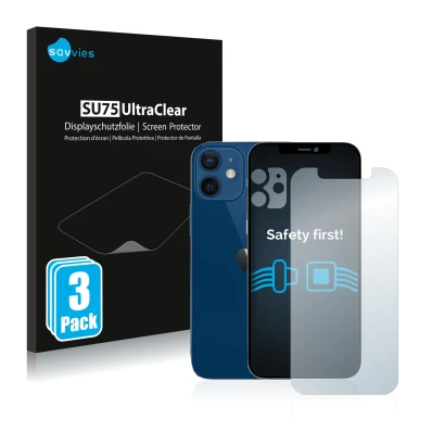 Vorderseite einer Produktverpackung mit dem Markenlogo Savvies. Daneben ist das Gerät Apple iPhone 12 (Display+Kamera) mit dem