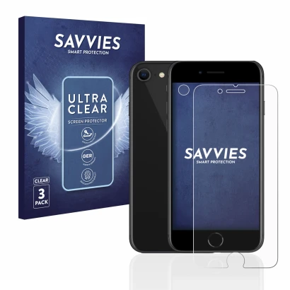 Vorderseite einer Produktverpackung mit dem Markenlogo Savvies. Daneben ist das Gerät Apple iPhone SE 2 2020 (Display+Kamera) 