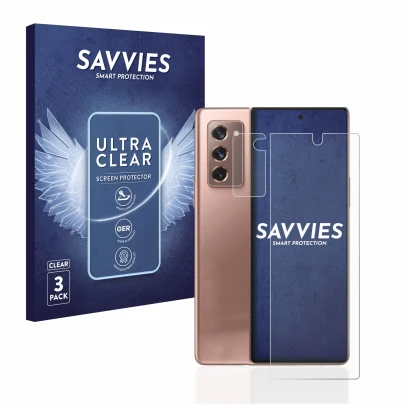 Vorderseite einer Produktverpackung mit dem Markenlogo Savvies. Daneben ist das Gerät Samsung Galaxy Z Fold 2 5G (Display+Kame