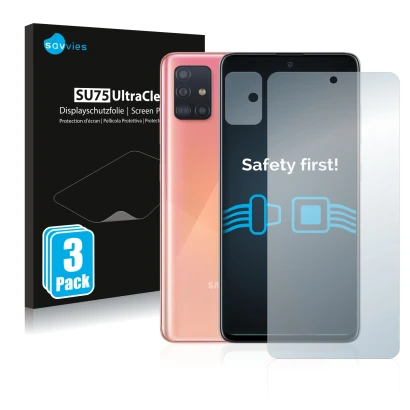 Vorderseite einer Produktverpackung mit dem Markenlogo Savvies. Daneben ist das Gerät Samsung Galaxy A51 (Display+Kamera) mit 