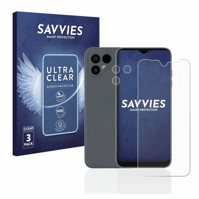 Vorderseite einer Produktverpackung mit dem Markenlogo Savvies. Daneben ist das Gerät Fairphone 4 (Display+Kamera) mit dem zug