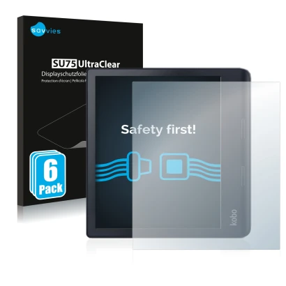 Vorderseite einer Produktverpackung mit dem Markenlogo Savvies. Daneben ist das Gerät Kobo Sage mit dem zugehörigen Displaysch