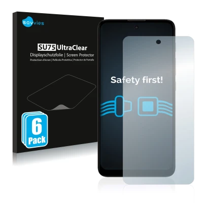 Vorderseite einer Produktverpackung mit dem Markenlogo Savvies. Daneben ist das Gerät Motorola Moto E40 mit dem zugehörigen Di