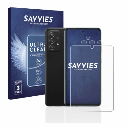 Vorderseite einer Produktverpackung mit dem Markenlogo Savvies. Daneben ist das Gerät Samsung Galaxy A52s 5G (Display+Kamera) 