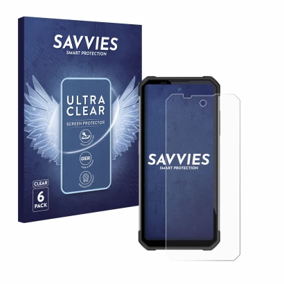 Vorderseite einer Produktverpackung mit dem Markenlogo Savvies. Daneben ist das Gerät Oukitel WP17 mit dem zugehörigen Display