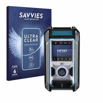 Vorderseite einer Produktverpackung mit dem Markenlogo Savvies. Daneben ist das Gerät Makita DMR115 mit dem zugehörigen Displa