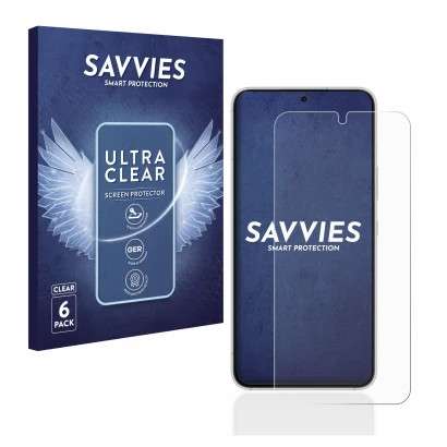 Vorderseite einer Produktverpackung mit dem Markenlogo Savvies. Daneben ist das Gerät Samsung Galaxy S22 5G mit dem zugehörige