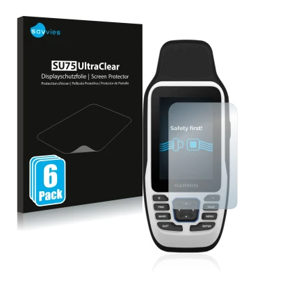 Vorderseite einer Produktverpackung mit dem Markenlogo Savvies. Daneben ist das Gerät Garmin GPSMAP 79s mit dem zugehörigen Di