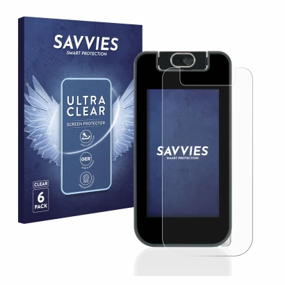 Vorderseite einer Produktverpackung mit dem Markenlogo Savvies. Daneben ist das Gerät Vtech Kidicom Advance 3.0 mit dem zugehö