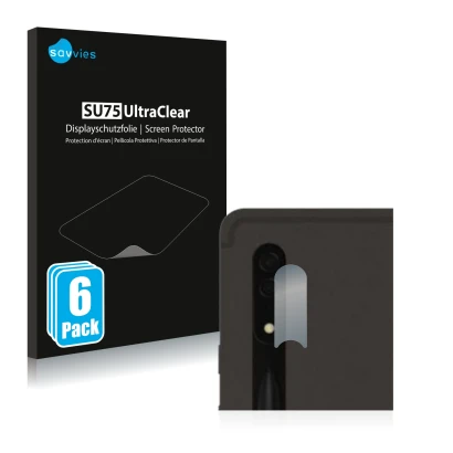 Vorderseite einer Produktverpackung mit dem Markenlogo Savvies. Daneben ist das Gerät Samsung Galaxy Tab S8 Ultra 5G (NUR Kame