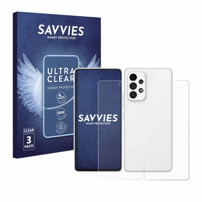 Vorderseite einer Produktverpackung mit dem Markenlogo Savvies. Daneben ist das Gerät Samsung Galaxy A53 5G (Display+Rückseite