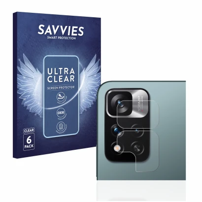 Vorderseite einer Produktverpackung mit dem Markenlogo Savvies. Daneben ist das Gerät Xiaomi Redmi Note 11 Pro+ 5G (NUR Kamera