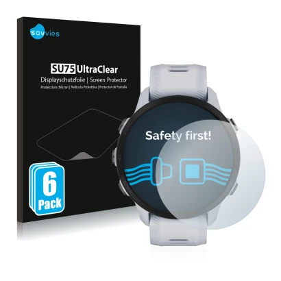 Vorderseite einer Produktverpackung mit dem Markenlogo Savvies. Daneben ist das Gerät Garmin Forerunner 955 Solar mit dem zuge