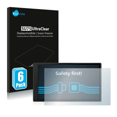 Vorderseite einer Produktverpackung mit dem Markenlogo Savvies. Daneben ist das Gerät Garmin DriveSmart 66 mit dem zugehörigen