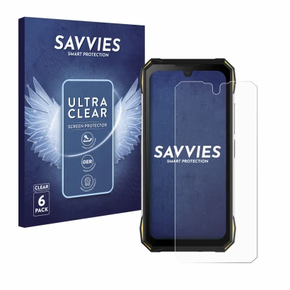 Vorderseite einer Produktverpackung mit dem Markenlogo Savvies. Daneben ist das Gerät Doogee S89 Pro mit dem zugehörigen Displ