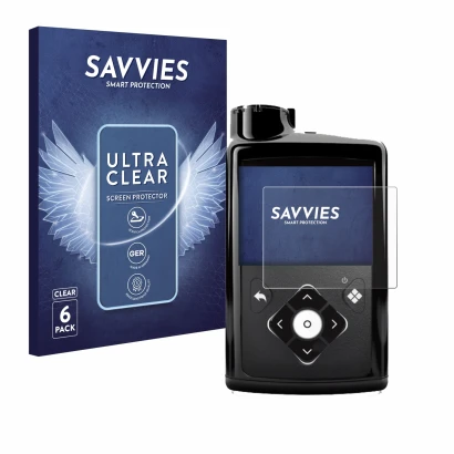 Vorderseite einer Produktverpackung mit dem Markenlogo Savvies. Daneben ist das Gerät Medtronic Minimed 780G mit dem zugehörig