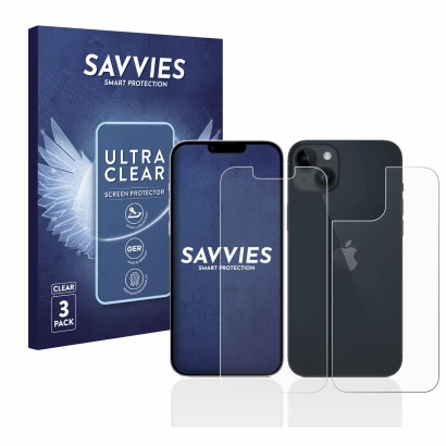 Vorderseite einer Produktverpackung mit dem Markenlogo Savvies. Daneben ist das Gerät Apple iPhone 14 (Display+Rückseite) mit 